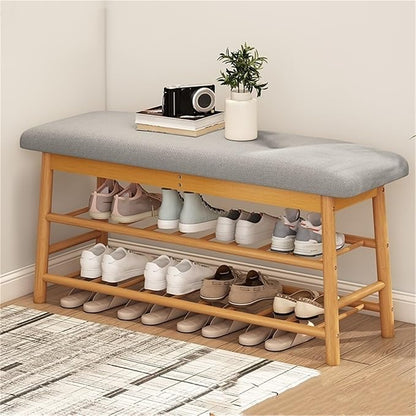 Bamboo Entryway Bench Upholstered Shoe Storage Bench Shoe Rack Bench Shoe Organizer Rack for Hallway Living Room Closet Front Door,Living Room