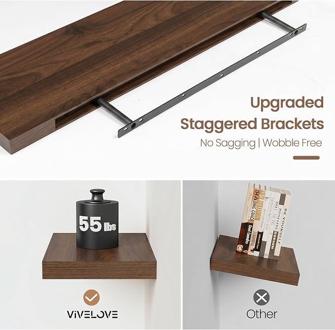 Vivelove Walnut Floating Shelves 40 Inches Long, Wall Display Shelves with Invisible Brackets, for Bathroom Living Room Kitchen Bedroom Office Farmhouse Home Decor, 40x9.3X 1.5 - Set of 2, Walnut