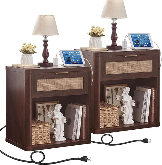 LEYAOYAO Rattan Nightstand with Charging Station, Walnut Night Stand with Drawer, 23" Wide Boho Bedside Table with Storage Shelf, Bed Side End Tables for Bedroom, Living Room, Hallway