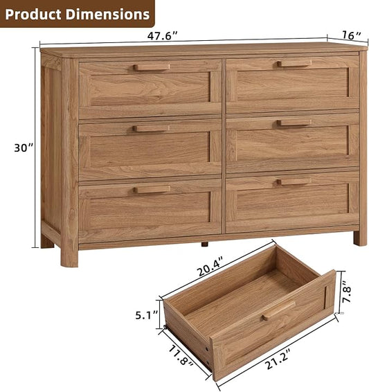 Joaxswe Farmhouse 6 Drawer Dresser for Bedroom, Horizontal Dressers with 6 Deep Drawers & 4 Thickened Table Legs, Brown