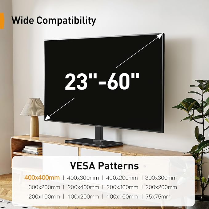Perlegear Tabletop TV Stand, Universal TV Stand for 23–60 Inch LCD/LED/OLED TVs, Height-Adjustable TV Mount Stand with Tempered Glass Base & Cable Management, VESA 400x400mm, PGTVS02 ﻿