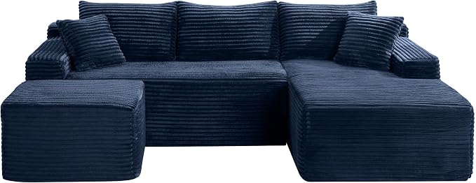 95-Inch U-Shaped Right Facing Corner Compressed Sofa Modular Sectional Boneless Cloud Sofa Floor Foam Couch W/Chaise Lounge & Ottoman, Corduroy Corner Boneless Cloud Couch