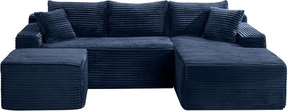95-Inch U-Shaped Right Facing Corner Compressed Sofa Modular Sectional Boneless Cloud Sofa Floor Foam Couch W/Chaise Lounge & Ottoman, Corduroy Corner Boneless Cloud Couch