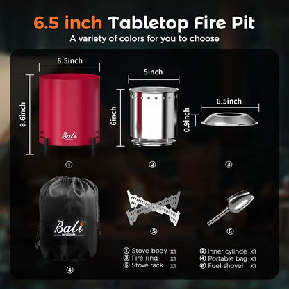BALI OUTDOORS 6.5 inch Tabletop Fire Pit Round, Stainless Steel Table Top Firepit Small, Outdoor Smokeless Firepit Portable, Red