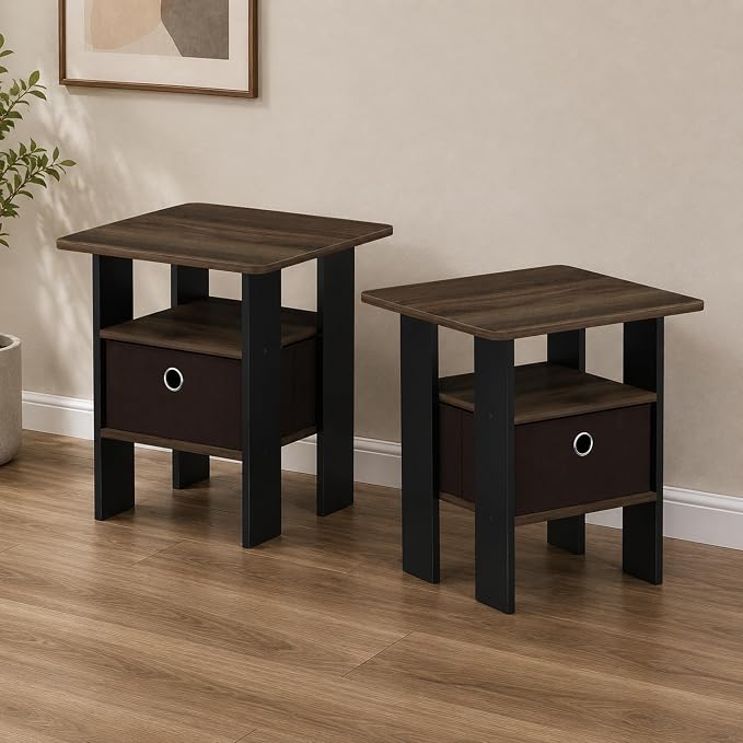 Furinno TIDUR Brown Night Stand Set of 2, Nightstand, Columbia Walnut | Open Shelf Design, Bedside Table, End Table, Side Table for Bedroom, Living Room