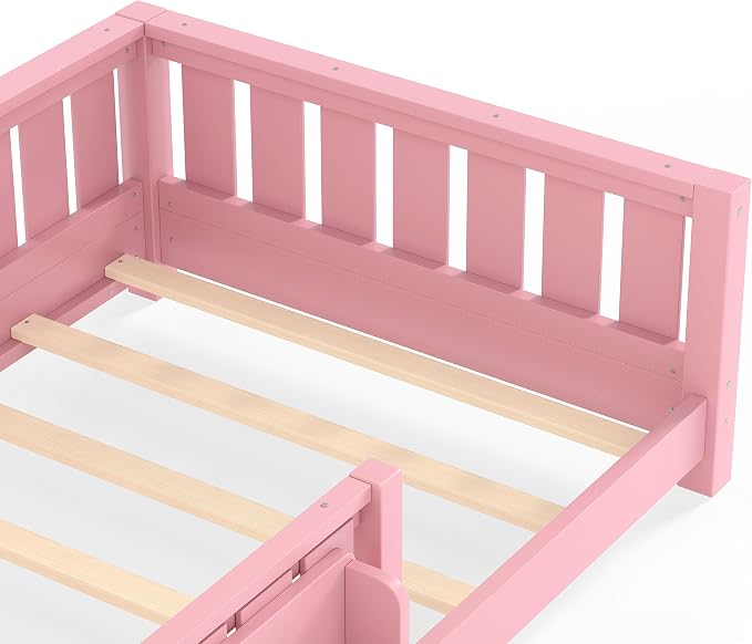 Bellemave Twin Floor Bed with Rails and Slats, Twin Size Montessori Floor Bed with Bookshelf and Fence, Easy Assemble Montessori Beds Frame for Girls, Boys, Pink