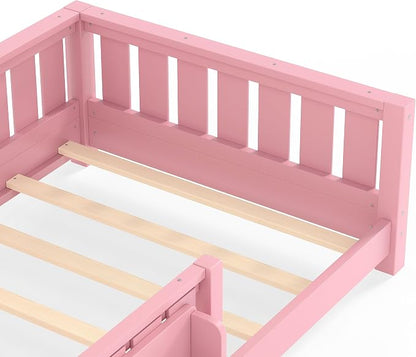 Bellemave Twin Size Floor Bed with high Rails and with Built-in Bookshelf for Kids, Girls, Boys, Wood Montessori Floor Bed Without Door, Pink