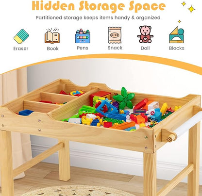 HONEY JOY Kids Table, 2 in 1 Toddler Wooden Activity Table with Paper Roll, Convertible Building Block Tabletop, 3 Storage Compartments, Children Furniture Set for Daycare, Playroom, Natural