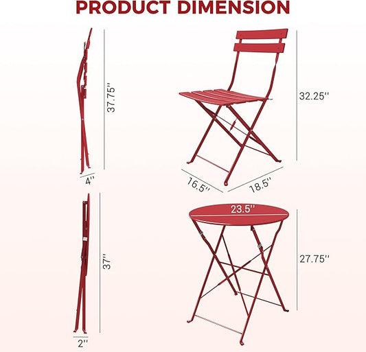 Grand patio 3-Piece Folding Bistro Set, 2 Chairs and 1 Table, Weather-Resistant Outdoor/Indoor Conversation Set for Patio, Yard, Garden -Dark Red