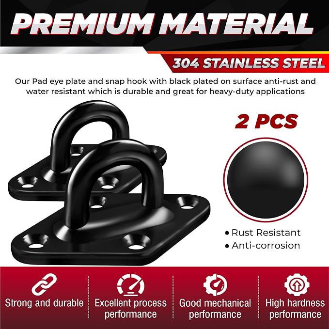PAMAZY [Upgraded] 1700 lb Capacity 2PCS M10 Stainless Steel Pad Eye Hooks+2PCS 10MM Snap Hook + 8PCS Heavy Duty Screws for Hammock Hanging Kit, Swing Hanging, Wall/Ceiling Mount, Indoor & Outdoor