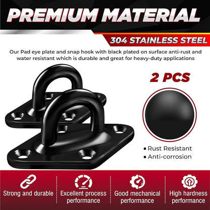 PAMAZY [Upgraded] 1700 lb Capacity 2PCS M10 Stainless Steel Pad Eye Hooks+2PCS 10MM Snap Hook + 8PCS Heavy Duty Screws for Hammock Hanging Kit, Swing Hanging, Wall/Ceiling Mount, Indoor & Outdoor