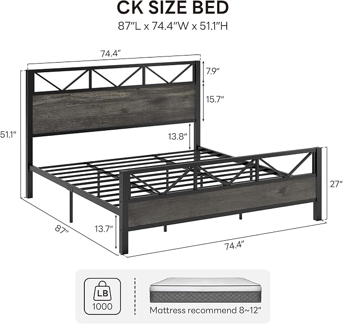 LIKIMIO California King Bed Frame, Tall Industrial Headboard 51.1 ", Platform Bed Frame with Strong Metal Support, Solid and Stable, Noise Free, No Box Spring Needed, Easy Assembly, Charcoal Grey