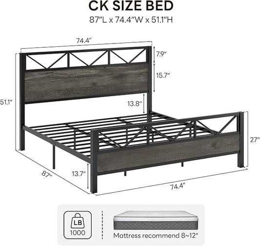 LIKIMIO California King Bed Frame, Tall Industrial Headboard 51.1 ", Platform Bed Frame with Strong Metal Support, Solid and Stable, Noise Free, No Box Spring Needed, Easy Assembly, Charcoal Grey