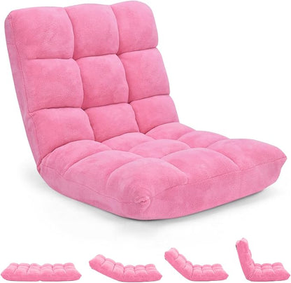 14-Position Floor Sofa, Folding Gaming Sofa Chair, Comfy Cushions & Study Steel Frame, Angle Adjustable Sleeper Bed, Couch Recliner (Pink)