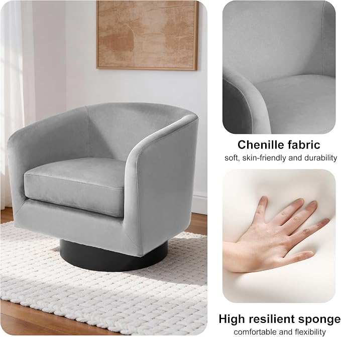 Swivel Barrel Accent Chair, Modern Round Chenille Fabric Arm Chair for Living Room, Bedroom, Comfy Club Reading Chairs for Adults（Velvet Grey, Set of 1