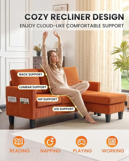 Karl home 67" Small Sectional Couch L Shaped Sofa, Orange | Movable Storage Ottoman, Corduroy Upholstered, Sofa Chaise, Side Pockets 5.9" Sofa Legs for Living Room, Apartment, Studio
