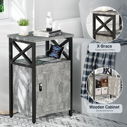 runjuly Wooden Nightstand with Lock, Bed Side Table with Drawers, Bedside Table with Charging Station, 3 USB & 2 Outlets, Night Stand with Cabinet Storage, End Tables for Bedroom, Ash Grey