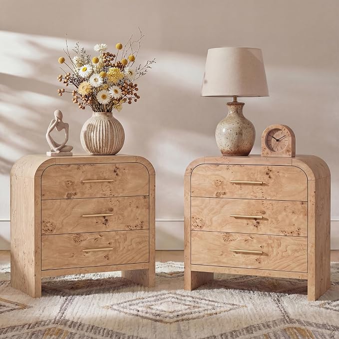 Night Stand Set of 2 [Unique Curved Profile] [FSC-Certified Wooden Board] 3-Drawer Nightstand 26.7" H Metal Handle Modern Sturdy Bedside Table Side Table End Table