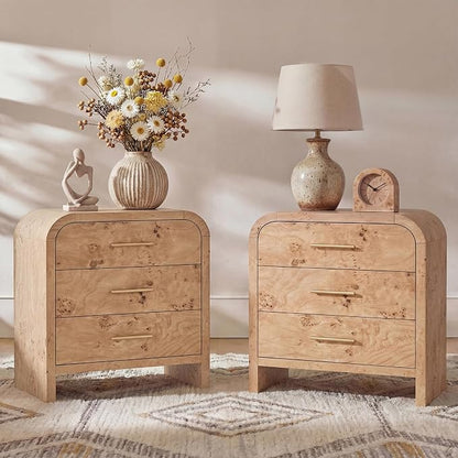 Night Stand Set of 2 [Unique Curved Profile] [FSC-Certified Wooden Board] 3-Drawer Nightstand 26.7" H Metal Handle Modern Sturdy Bedside Table Side Table End Table