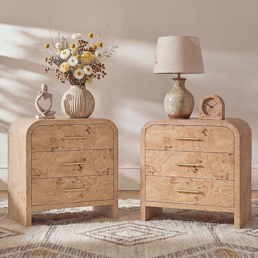 Night Stand Set of 2 [Unique Curved Profile] [FSC-Certified Wooden Board] 3-Drawer Nightstand 26.7" H Metal Handle Modern Sturdy Bedside Table Side Table End Table