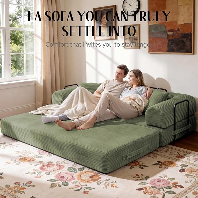 79'' Convertible Sofa Bed, Boneless Couch-in-a-Box, Corduroy Floor Futon Loveseat Sleeper, 26'' Deep Seat, Removable Machine-Wash Covers, No Assembly, 2 Pillows, Olive Green