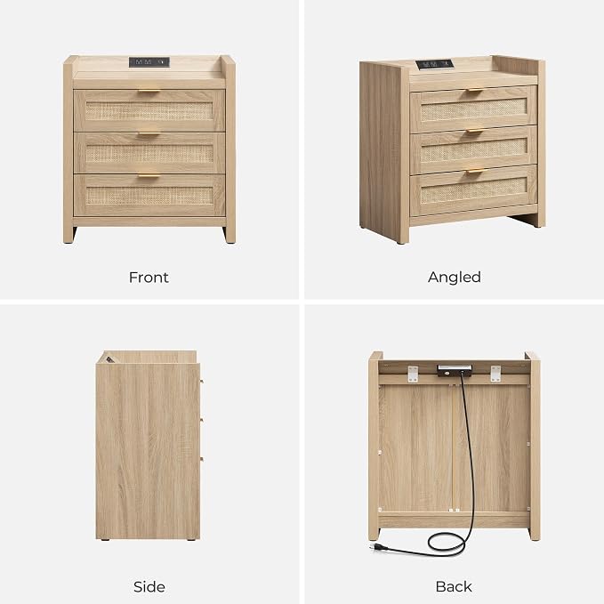 SICOTAS Rattan Nightstands Set of 2 Bedside Table - Larger Night Stand with Type-C Charging Station, 3 Drawers Storage, Boho Night Stands End Table for Bedroom Office - Light Oak