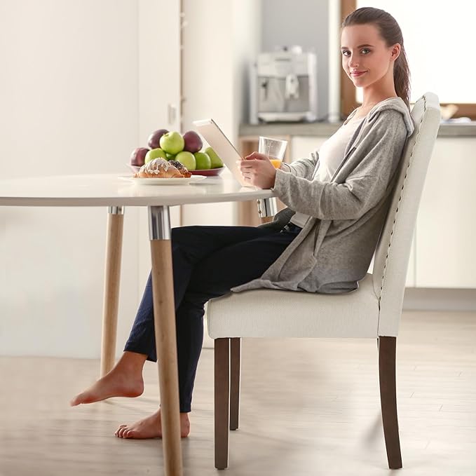 DUMOS Dining Chairs Set of 4, Farmhouse Fabric Upholstered Kitchen Chairs with Wooden Legs and Padded Seat, Modern Accent Chair for Dining Room, Kitchen, Living Room, Restaurant, Beige