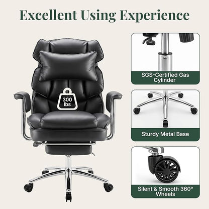 Executive Ergonomic Office Chair, PU Leather High Back Reclining Office Chair with Footrest and Lumbar Support, Height Adjustable Rolling Swivel Computer Chair for Home Office,Black