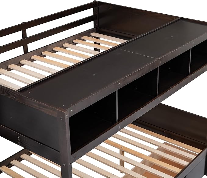 MERITLINE Twin Over Full Bunk Bed with Stairs, Storage Shelves and Drawers, Solid Wood Bunk Bed Frame with Storage, for Teens Adults (Espresso)