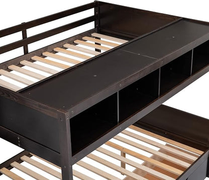 MERITLINE Twin Over Full Bunk Bed with Stairs, Storage Shelves and Drawers, Solid Wood Bunk Bed Frame with Storage, for Teens Adults (Espresso)