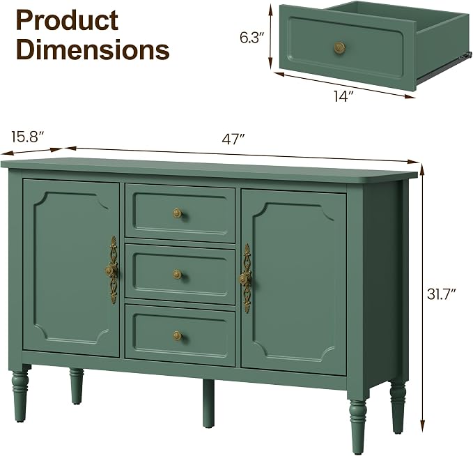 FansaFurn Green Storage Cabinet, Mid-Century Buffet Cabinet with 2 Doors & 3 Drawers, Accent Sideboard Cabinet with Adjustable Shelves & Turned Legs, Great for Entryway, Living Room, Dining Room