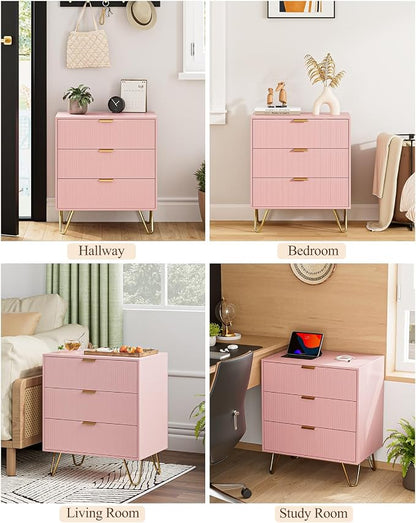 Fluted 3 Drawer Dresser for Bedroom, Modern Storage Bedroom Dresser Chest Cabinet Organizer with Anti-Tip Hardware for Living Room, Dressing Room, Kids Room, Office (Pink)