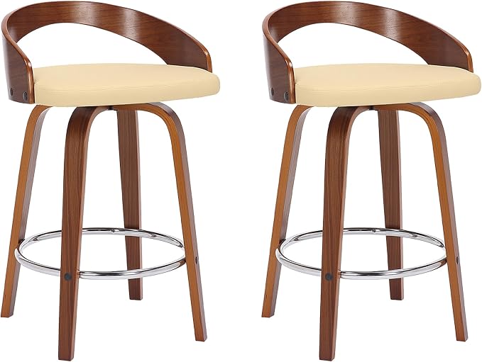 Armen Living Sonia 26" Counter Height Swivel Cream Faux Leather and Walnut Wood Bar Stool - Set of 3