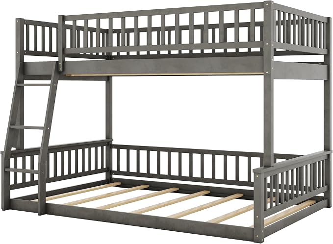 Full XL Over Queen Bunk Bed with Safety Guardrails, Solid Wood Floor Bunk Bed Frame with Sturdy Slat Support for Kids Teens Adults, Detachable Design (Grey-tra)