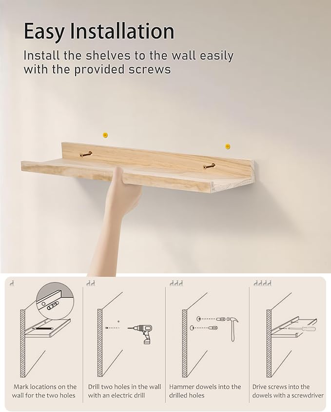 MBYD 36 Inch Natural Pine Wood Floating Shelves for Bedroom, Wide Picture Ledge Set of 2, Wall Mount Unfinished Shelf Can be Stained Nursery Book Shelves for Kids Bedroom Living Room Bathroom Kitchen