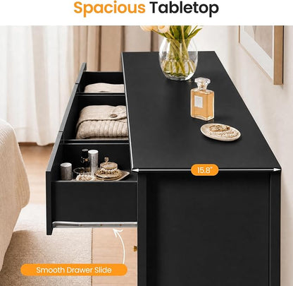 RoyalCraft Fluted Dresser for Bedroom with 9 Drawers, 59" Wide Painted Wooden Chest of Drawers, Modern TV Stand Storage Cabinet for Living Room, Hallway, Black