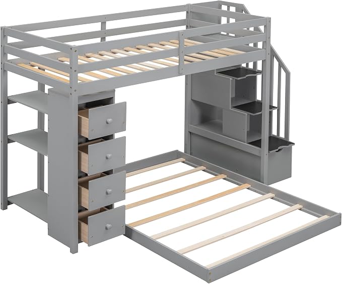 Ball & Cast Twin Over Full Bunk Bed with Safty Guardrail & Storage Stairs,Wood Bedframe W/ 3-Layer Shelves & Drawers,Easy Assembly,Space Saving,Compact Bedroom Furniture Set for Boy Girl Teens,Gray