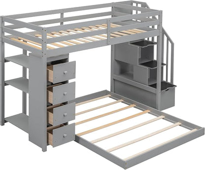 Ball & Cast Twin Over Full Bunk Bed with Safty Guardrail & Storage Stairs,Wood Bedframe W/ 3-Layer Shelves & Drawers,Easy Assembly,Space Saving,Compact Bedroom Furniture Set for Boy Girl Teens,Gray