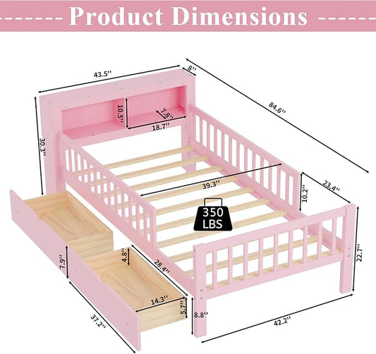 Bellemave Kids Twin Platform Bed with 2 Drawers & Storage Headboard, Kids Twin Bed Frame with 3-Side Guardrails for Girls Boys, Pink