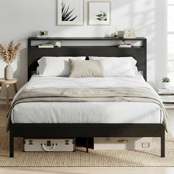 LIKIMIO Full Bed Frame with Headboard, Dark Wood Camas Full with Strong Supports, Sturdy, Noise-Free, No Box Spring Needed, Classic Black