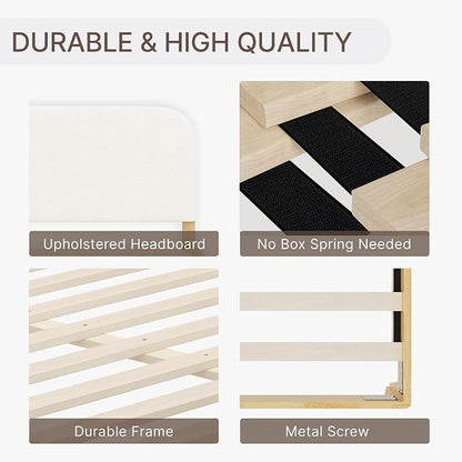 KISLOT Wood Bed Frame with USB & Type-C Charging, Boucle Platform Bed with Upholstered Headboard Mattress Foundation No Box Spring Needed Easy Assembly