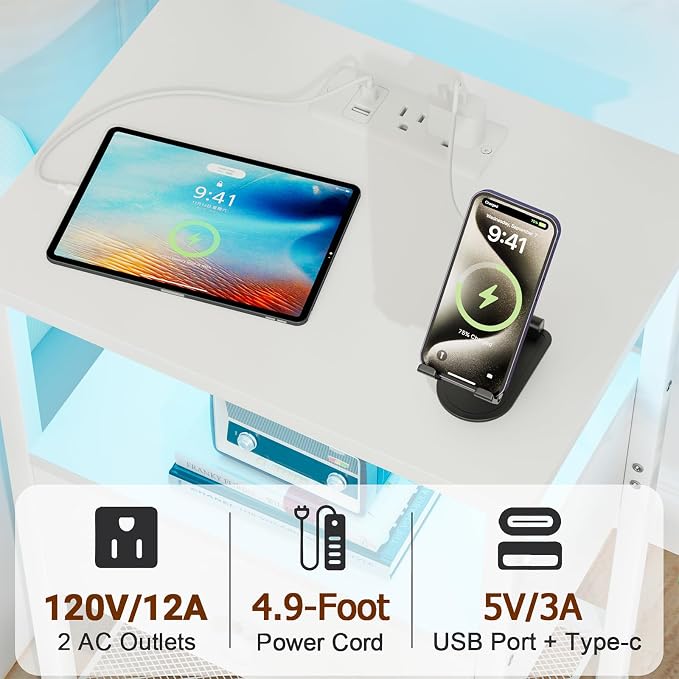LOAKEKEL LED Night Stand with Charging Station, Small Bedside Table with USB Ports & Outlets, Fabric Storage Drawer with PU Finish for Bedroom, White, HETS01WT-1
