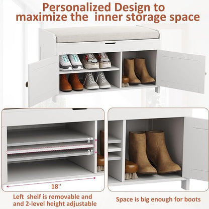 HOMEFORT 30" Shoe Bench with Lift Top Storage, Entryway Bench with Cushioned Seat, Wooden End of Bed Bench, Shoe Cabinet Bench with Hidden Storage Space, for Bedroom, Hallway,White
