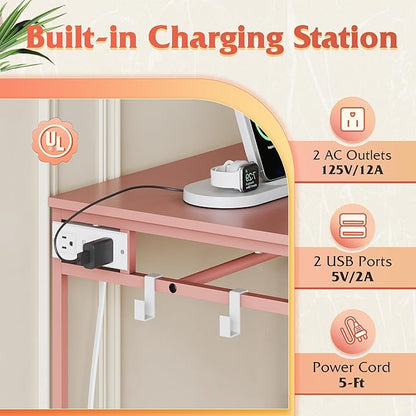WLIVE Pink Dresser with Hanging Rack for Bedroom, 3 Drawer Dresser with LED Lights & Charging Station, Fabric Dressers & Chest of Drawers, Storage Organizer with Open Shelves for Living Room