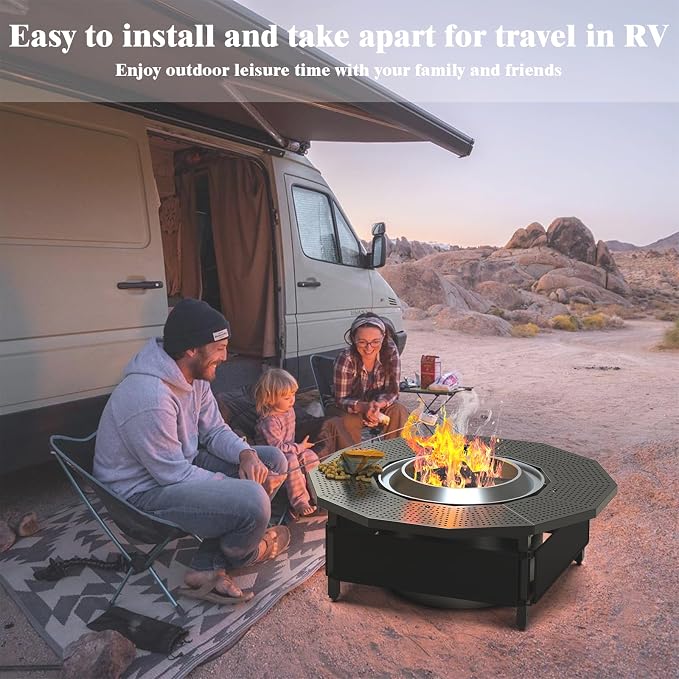 Fire Pit Surround Table for Solo Stove Yukon 2.0 27 Inch, Adjustable Outdoor Fire Pit Tabletop Accessory, UV-Resistant Fabric Safety Barrier, Black Metal Patio Surround