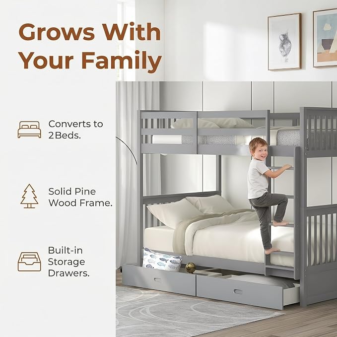 Merax Twin-Over-Twin Bunk Bed with Two Storage Drawers, Solid Wood Twin Size Bunk Bed with Guardrial and Removble Ladder, Can be Converted Into 2 Separate Beds, Grey