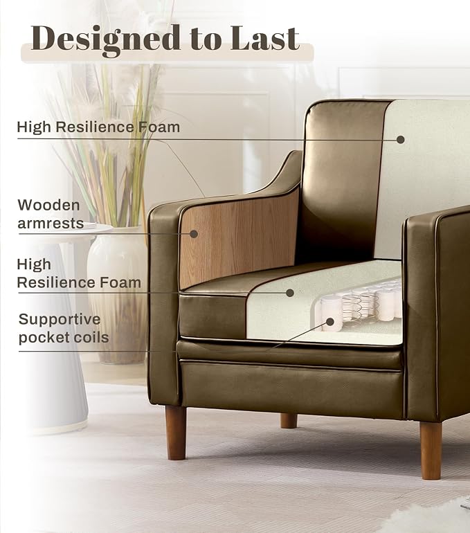 Kingfun Accent Chair Set of 2, Living Room Chairs, Faux Leather Reading Armchair, Mid Century with Solid Wood Foot, Upholstered Modern Decor for Bedroom, Apartment