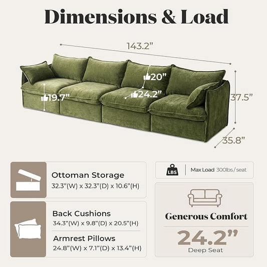 Cloud Modular Sofa, Oversized Deep Seat Comfort, Luxe Chenille | Fully Removable Washable Covers, Memory Foam Seat Cushions, Premium Fabric