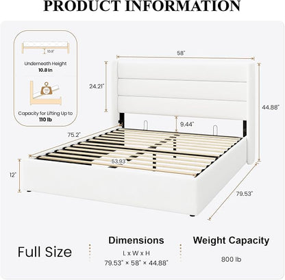 SHA CERLIN Full Size Lift Up Storage Bed/Velvet Upholstered/Modern Wingback Headboard/Upholstered Platform Bed Frame/Hydraulic Storage/No Box Spring Needed/White