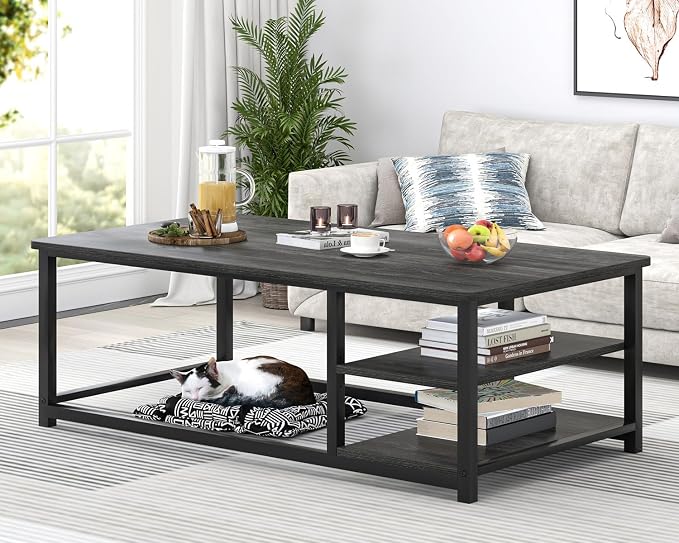 EXCEFUR Coffee Table, Rustic Wood and Metal Living Room Table with Adjustable Storage Shelf, Dark Grey, 47 Inch